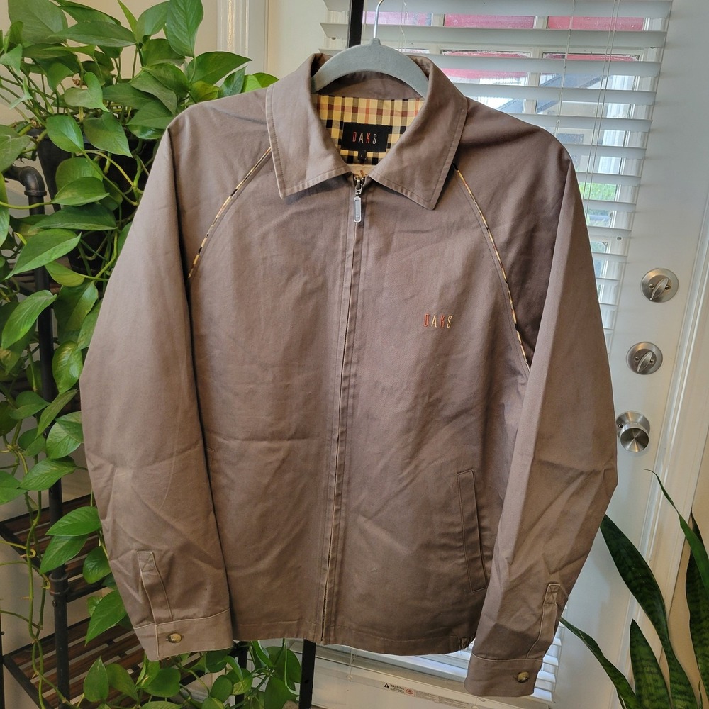 VTG DAKS LONDON HARRINGTON MENS LARGE BROWN JACKET FULL ZIP PLAID COLLAR 90s